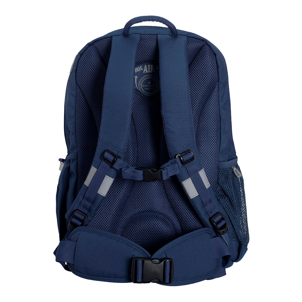 Harlequin Osteo in navy back angle displaying carry handle, thick padded shoulder straps, adjustable waist straps with cushioned hip pads, padded back padding, mesh water bottle holder