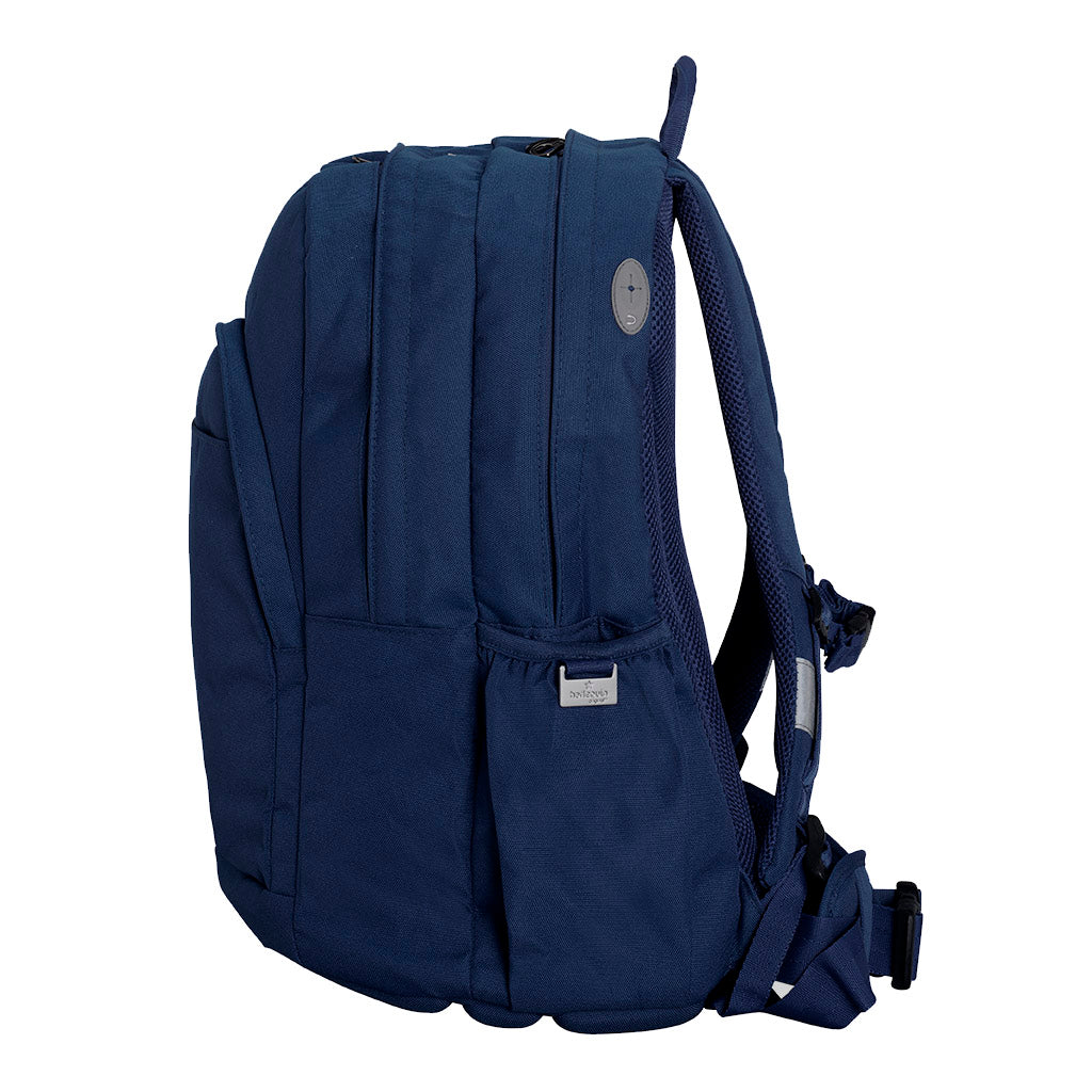 Harlequin Osteo in navy side angle displaying carry handle, two top zipper compartments, front pocket with two zip compartments and water bottle holder