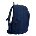 Harlequin Osteo in navy side angle displaying carry handle, two top zipper compartments, front pocket with two zip compartments, D ring and mesh water bottle holder