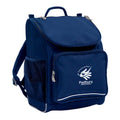 Mighty backpack in colour Navy, front side angle displaying carry handle, padded shoulder straps, top zipper compartment, front zipper pocket and mesh water bottle holder with Padbury Primary School logo