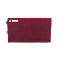 Back view of Harlequin maroon pencil case showing two zippered compartments, a D-ring, name tag label, and water-repellent fabric