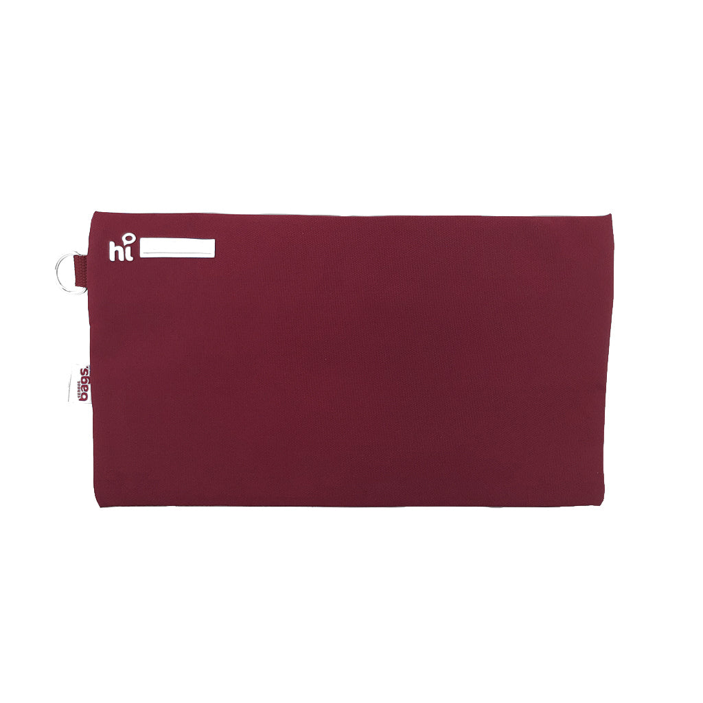 Back view of Harlequin maroon pencil case showing two zippered compartments, a D-ring, name tag label, and water-repellent fabric