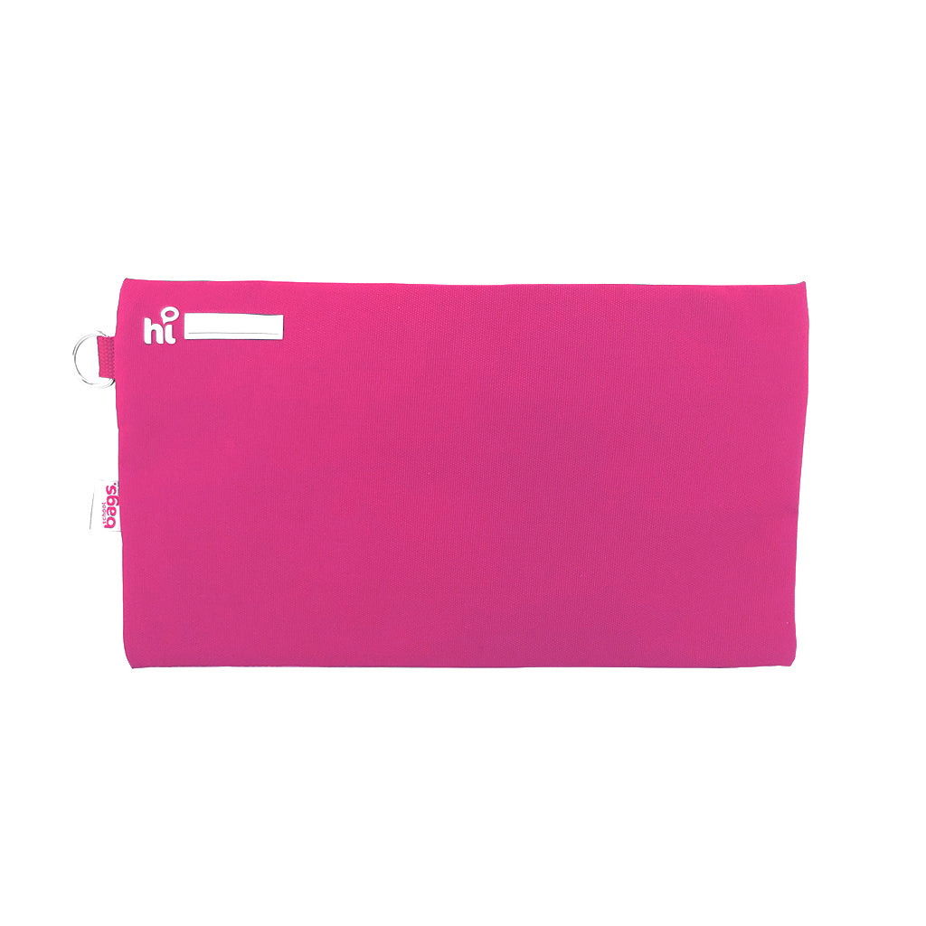 Back view of Harlequin pink pencil case showing two zippered compartments, a D-ring, name tag label, and water-repellent fabric