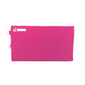 Back view of Harlequin pink pencil case showing two zippered compartments, a D-ring, name tag label, and water-repellent fabric