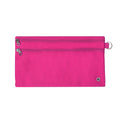 Harlequin hot pink pencil case front angle displaying two zip compartments and D-ring