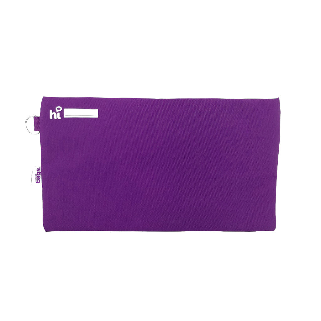 Back view of Harlequin purple pencil case showing two zippered compartments, a D-ring, name tag label, and water-repellent fabric