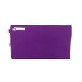 Back view of Harlequin purple pencil case showing two zippered compartments, a D-ring, name tag label, and water-repellent fabric