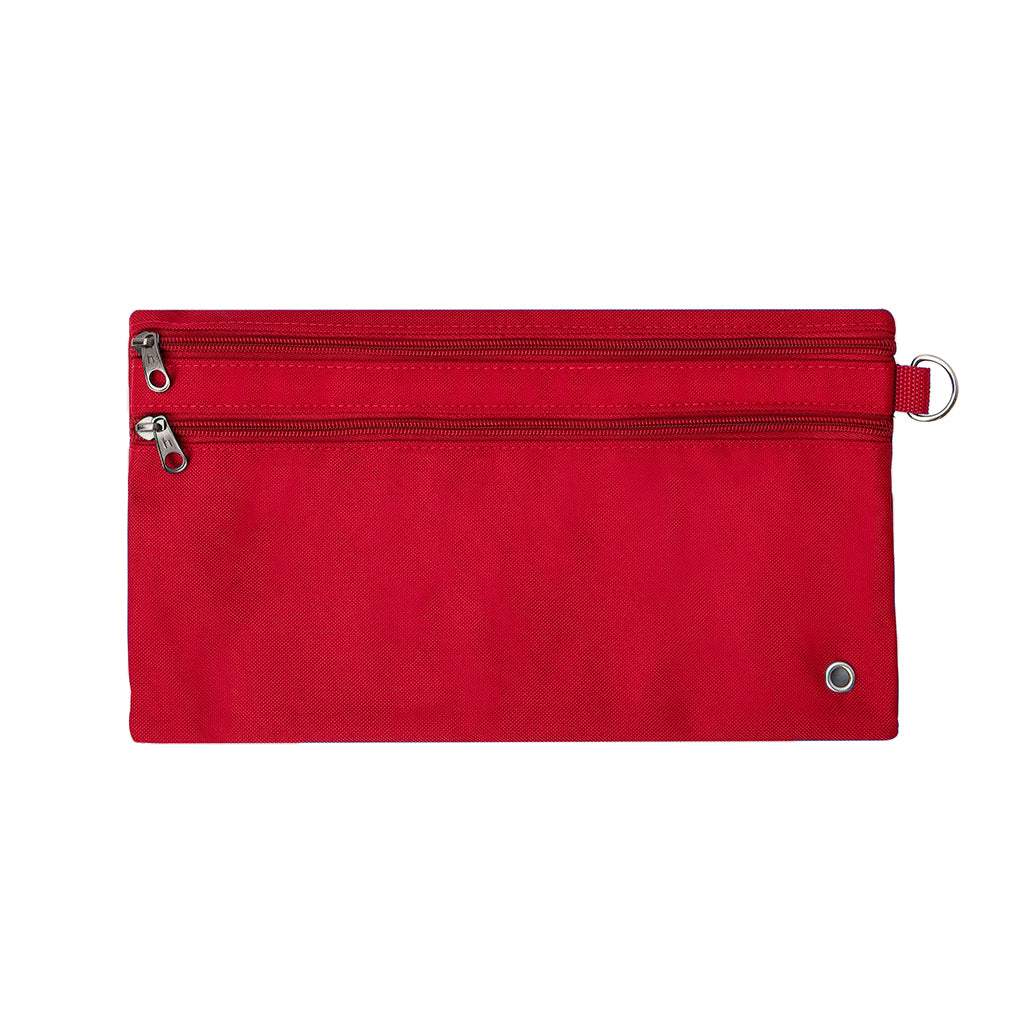 Harlequin red pencil case front angle displaying two zip compartments and D-ring