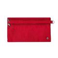 Harlequin red pencil case front angle displaying two zip compartments and D-ring