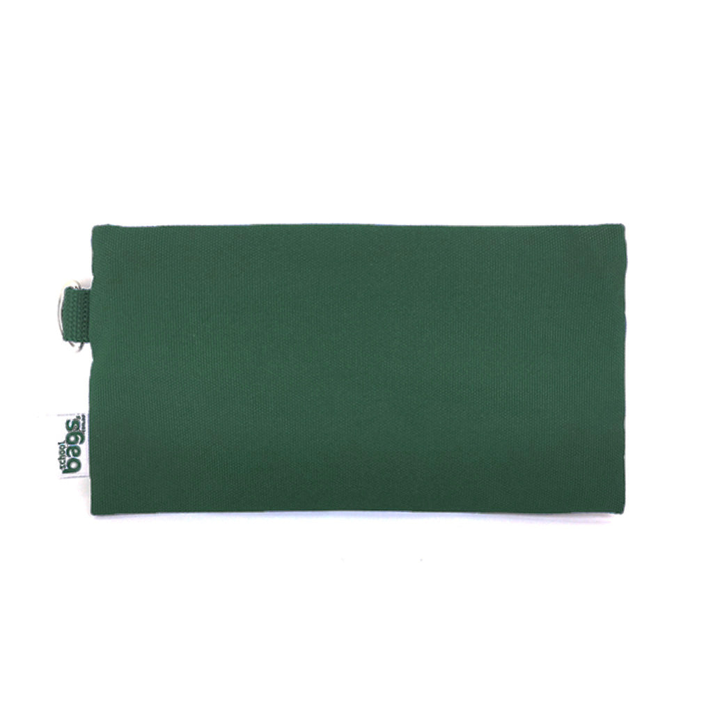Back view of Harlequin green pencil case single pocket showing  a D-ring water-repellent fabric