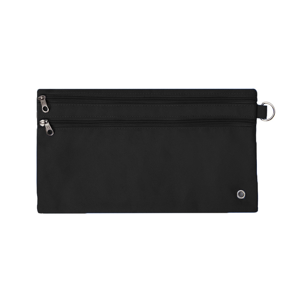 Harlequin black pencil case front angle displaying two zip compartments and D-ring