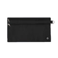Harlequin black pencil case front angle displaying two zip compartments and D-ring