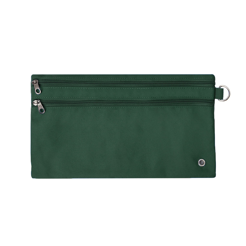 Harlequin green pencil case front angle displaying two zip compartments and D-ring
