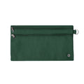 Harlequin green pencil case front angle displaying two zip compartments and D-ring