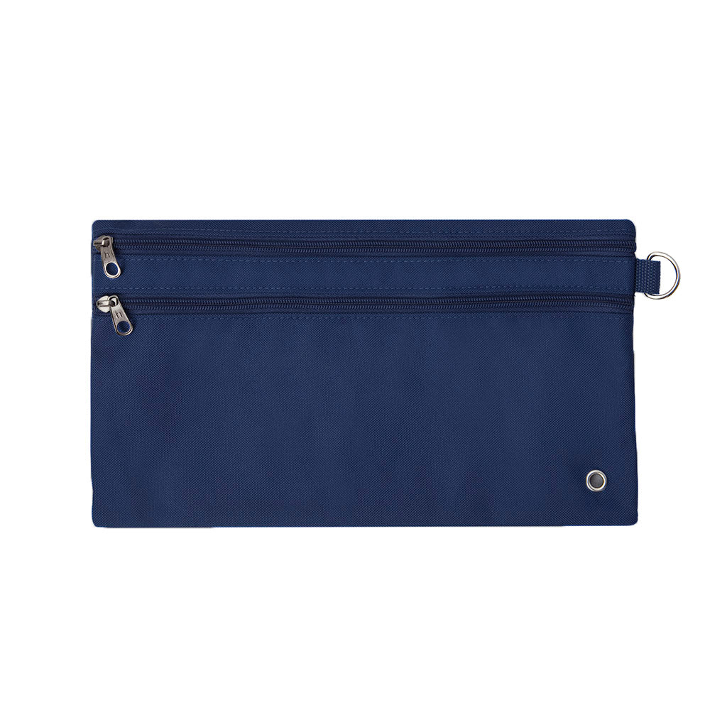 Harlequin navy pencil case front angle displaying two zip compartments and D-ring