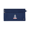 Harlequin Navy pencil case front angle displaying two zip compartments and D-ring