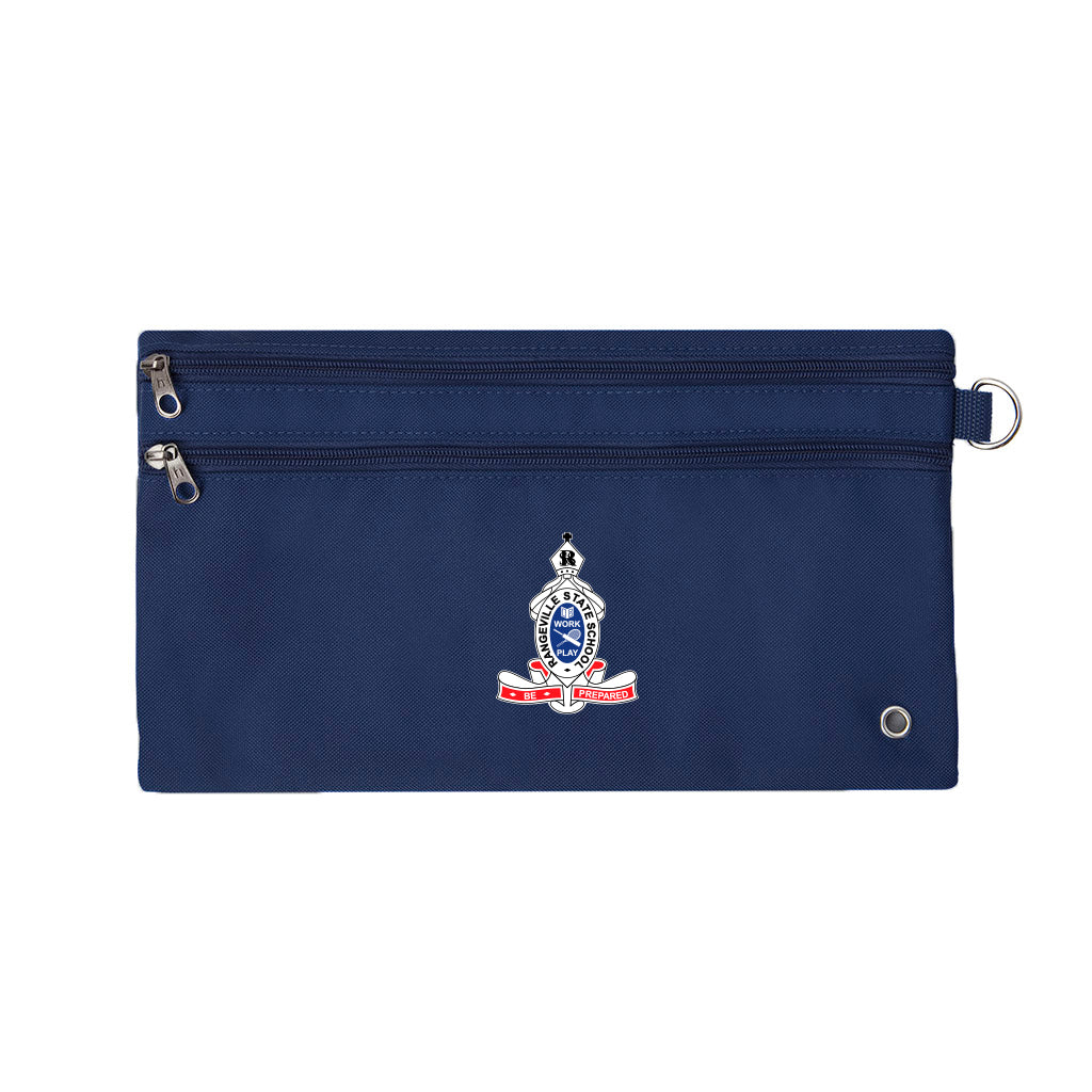 Harlequin Navy pencil case front angle displaying two zip compartments and D-ring