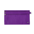 Harlequin purple pencil case front angle displaying two zip compartments and D-ring