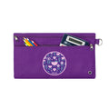 Harlequin purple pencil case front angle displaying two zip compartments and D-ring with personalisation 