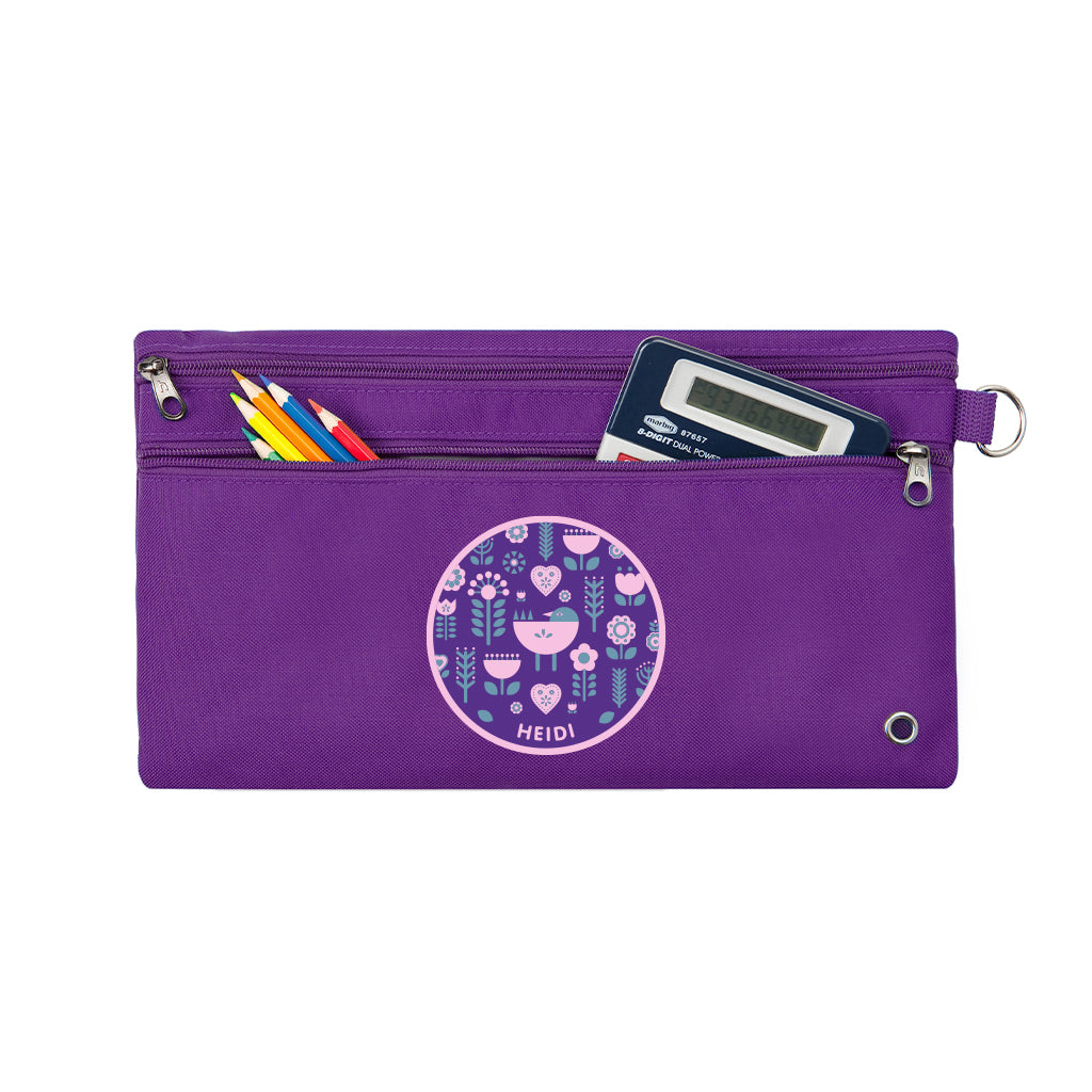Harlequin purple pencil case front angle displaying two zip compartments and D-ring with personalisation 