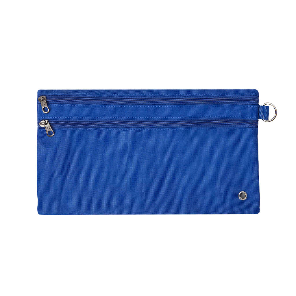 Harlequin royal pencil case front angle displaying two zip compartments and D-ring
