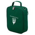 Harlequin lunch bag in green colour front side angle displaying carry handle, durable water repellent material with Perth Waldorf School logo