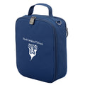 Harlequin lunch bag in navy colour front side angle displaying carry handle, durable water repellent material with Perth Waldorf School logo