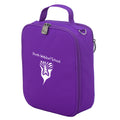 Harlequin lunch bag in purple colour front side angle displaying carry handle, durable water repellent material with Perth Waldorf School logo