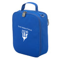 Harlequin lunch bag in royal blue colour front side angle displaying carry handle, durable water repellent material with Perth Waldorf School logo