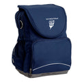 Perth Waldorf School Ergo Tuff-Pack backpack Navy. Front side angle, padded shoulder straps, two zipper compartments, front zipper pocket, D-Ring and mesh water bottle.