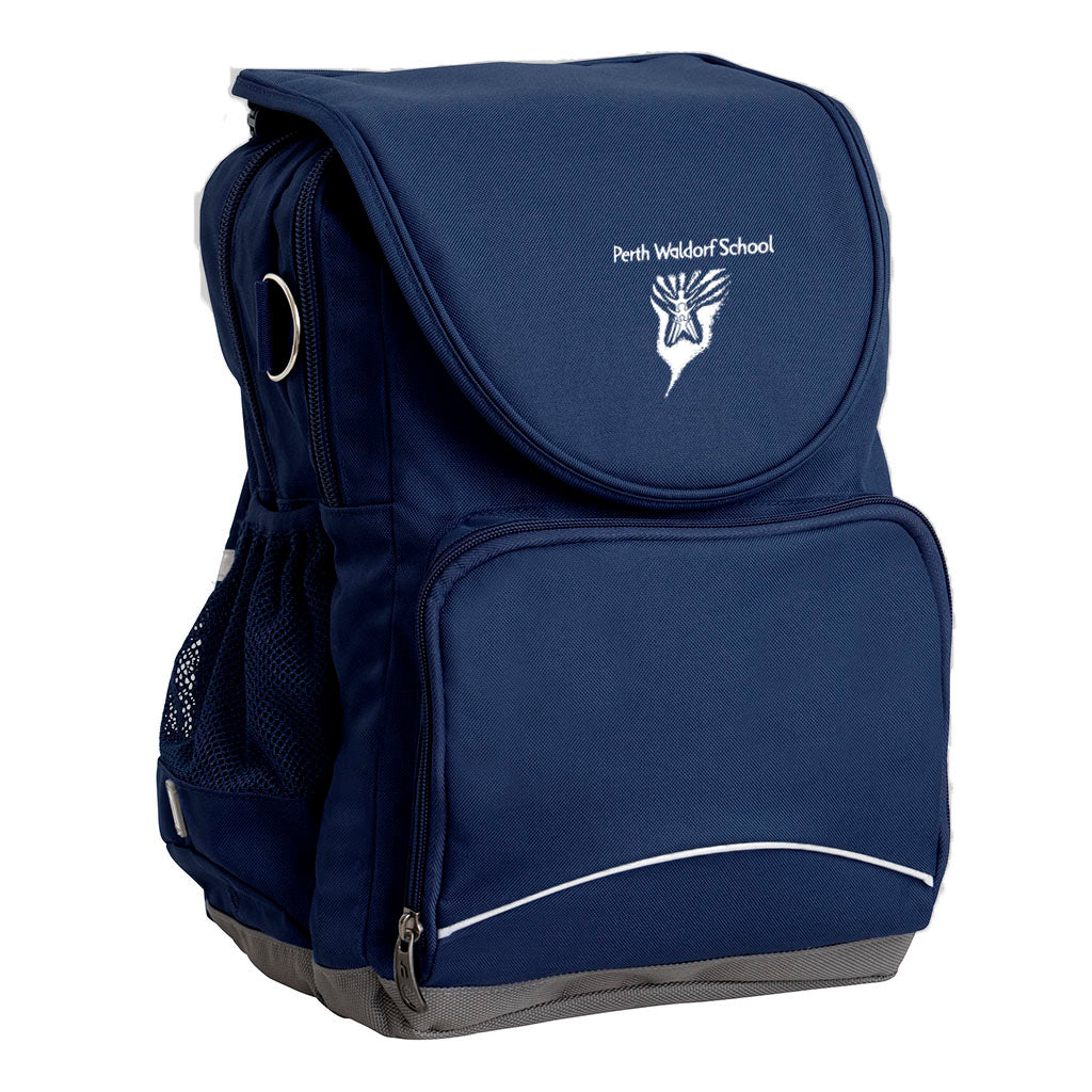 Perth Waldorf School Ergo Tuff-Pack backpack Navy. Front side angle, padded shoulder straps, two zipper compartments, front zipper pocket, D-Ring and mesh water bottle.