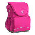 Perth Waldorf School Ergo Tuff-Pack backpack Pink. Front side angle, padded shoulder straps, two zipper compartments, front zipper pocket, D-Ring and mesh water bottle.