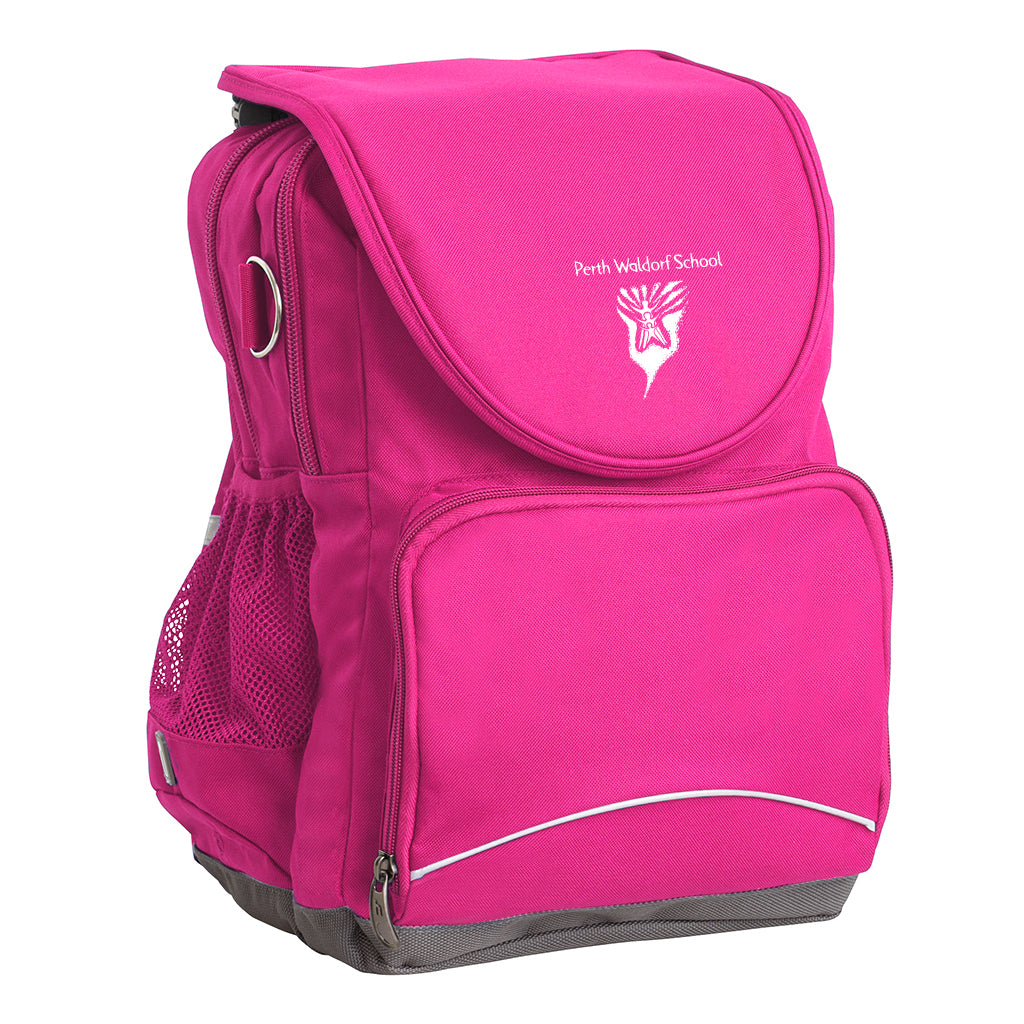 Perth Waldorf School Ergo Tuff-Pack backpack Pink. Front side angle, padded shoulder straps, two zipper compartments, front zipper pocket, D-Ring and mesh water bottle.