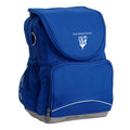 Perth Waldorf School Ergo Tuff-Pack backpack Royal. Front side angle, padded shoulder straps, two zipper compartments, front zipper pocket, D-Ring and mesh water bottle.