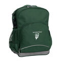 Perth Waldorf School front angle view of the Kindy Backpack in colour  Bottle Green featuring a small front pocket, spacious main compartment with D-ring keychain, detachable shoulder strap, mesh water bottle pocket, and reflective piping for visibility
