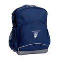 Perth Waldorf School front angle view of the Kindy Backpack in colour  Navy featuring a small front pocket, spacious main compartment with D-ring keychain, detachable shoulder strap, mesh water bottle pocket, and reflective piping for visibility