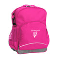 Perth Waldorf School front angle view of the Kindy Backpack in colour  Pink featuring a small front pocket, spacious main compartment with D-ring keychain, detachable shoulder strap, mesh water bottle pocket, and reflective piping for visibility