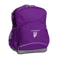 Perth Waldorf School front angle view of the Kindy Backpack in colour  Purple featuring a small front pocket, spacious main compartment with D-ring keychain, detachable shoulder strap, mesh water bottle pocket, and reflective piping for visibility