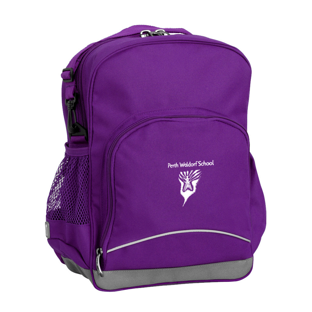 Perth Waldorf School front angle view of the Kindy Backpack in colour  Purple featuring a small front pocket, spacious main compartment with D-ring keychain, detachable shoulder strap, mesh water bottle pocket, and reflective piping for visibility