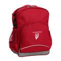 Perth Waldorf School front angle view of the Kindy Backpack in colour  Red featuring a small front pocket, spacious main compartment with D-ring keychain, detachable shoulder strap, mesh water bottle pocket, and reflective piping for visibility