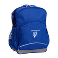 Perth Waldorf School front angle view of the Kindy Backpack in colour  Royal Blue featuring a small front pocket, spacious main compartment with D-ring keychain, detachable shoulder strap, mesh water bottle pocket, and reflective piping for visibility