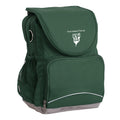 Perth Waldorf School Ergo Tuff-Pack backpack Green. Front side angle, padded shoulder straps, two zipper compartments, front zipper pocket, D-Ring and mesh water bottle.