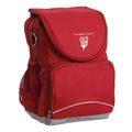 Perth Waldorf School Ergo Tuff-Pack backpack Red. Front side angle, padded shoulder straps, two zipper compartments, front zipper pocket, D-Ring and mesh water bottle.