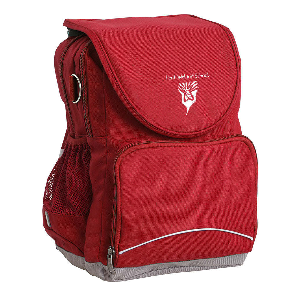 Perth Waldorf School Ergo Tuff-Pack backpack Red. Front side angle, padded shoulder straps, two zipper compartments, front zipper pocket, D-Ring and mesh water bottle.