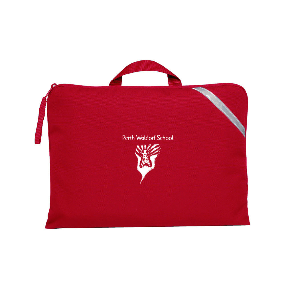  Red Q Book Bag, with single zip opening, handle and reflective strips and Perth Waldorf School logo