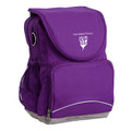Perth Waldorf School Ergo Tuff-Pack backpack Purple. Front side angle, padded shoulder straps, two zipper compartments, front zipper pocket, D-Ring and mesh water bottle.