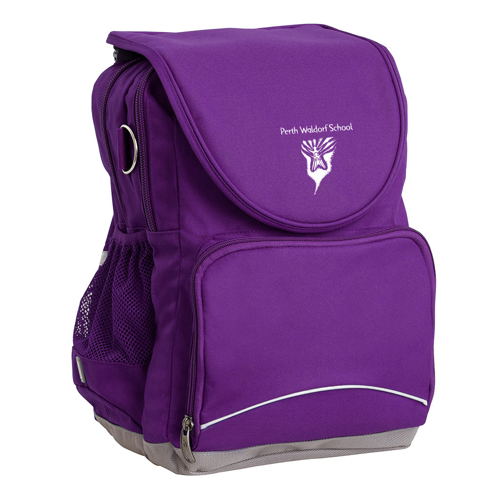 Perth Waldorf School Ergo Tuff-Pack backpack Purple. Front side angle, padded shoulder straps, two zipper compartments, front zipper pocket, D-Ring and mesh water bottle.