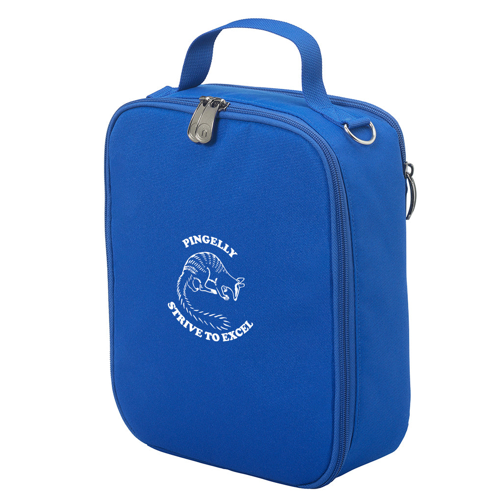 Harlequin lunch bag in  colour front side angle displaying carry handle, durable water repellent material with Pingelly Primary School logo