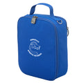 Harlequin lunch bag in  colour front side angle displaying carry handle, durable water repellent material with Pingelly Primary School logo