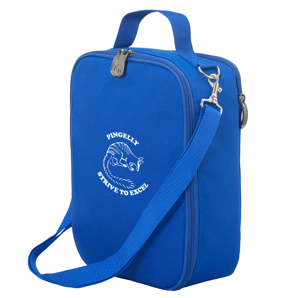 Harlequin lunch bag in  colour front side angle displaying carry handle, durable water repellent material with Pingelly Primary School logo